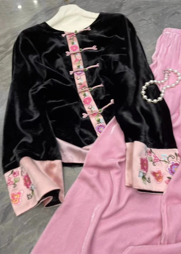 Chinese Style Black Tops and Pink Pants Silk Velour Two Pieces Set Fall