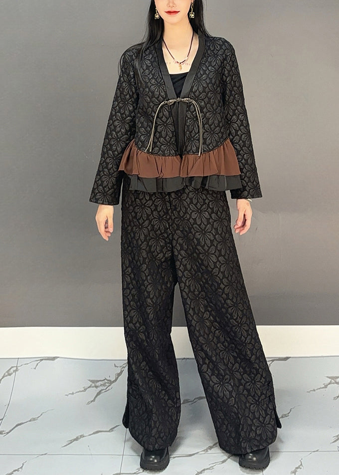 Chinese Style Black V Neck Button Top and Wide Leg Pants Two Pieces Set Spring