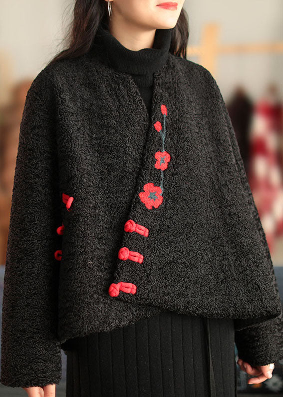 Chinese Style Black Button Embroideried Faux Fur Coats Long Sleeve