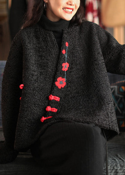 Chinese Style Black Button Embroideried Faux Fur Coats Long Sleeve