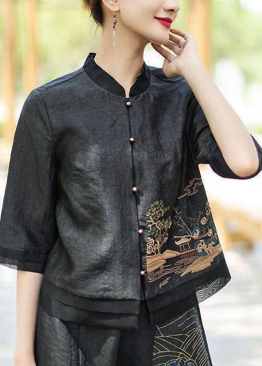 Chinese Style Black Button Embroideried Stand Collar Silk Coats Half Sleeve
