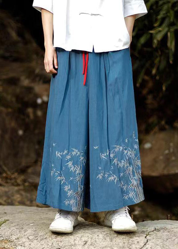 Chinese Style Blue Embroideried Pockets Cotton Wide Leg Pants Summer