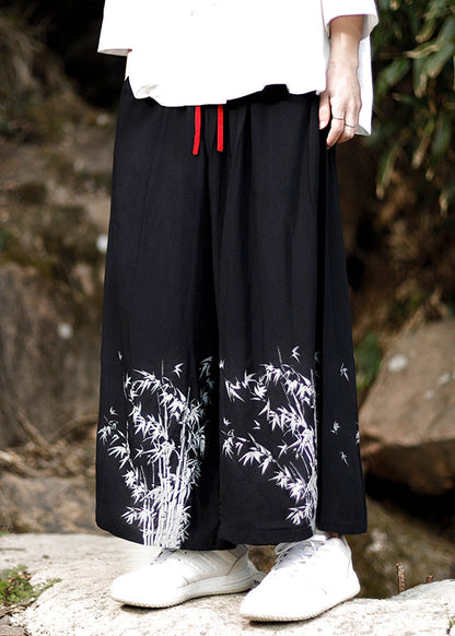 Chinese Style Blue Embroideried Pockets Cotton Wide Leg Pants Summer