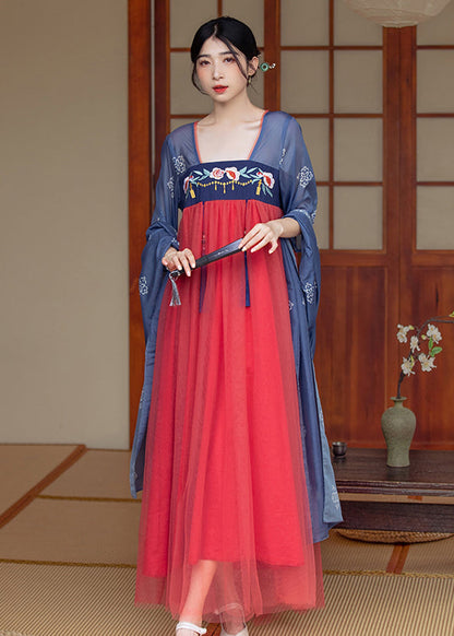 Chinese Style Blue Embroideried Tasseled Patchwork Tulle Long Dresses Summer
