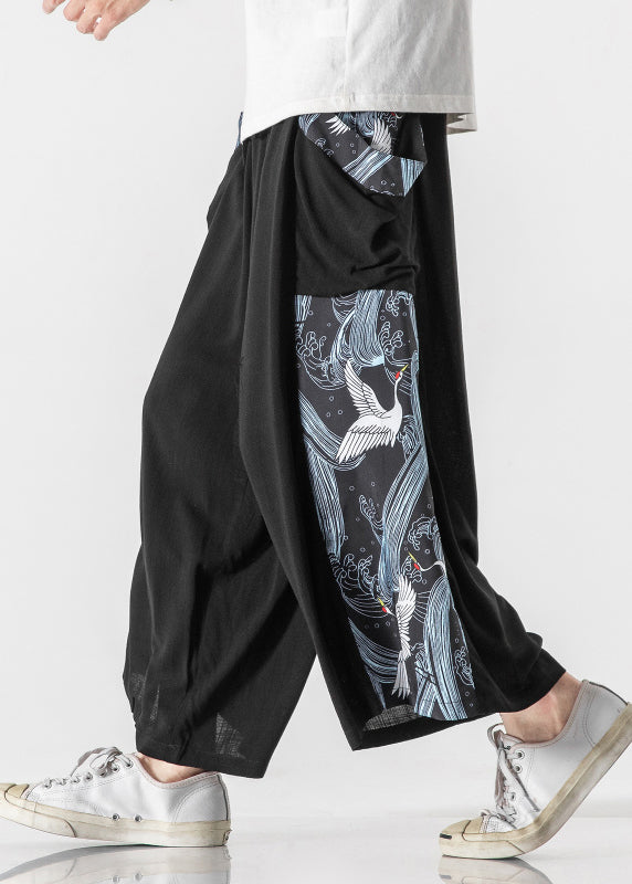 Chinese Style Blue Pockets Print Patchwork Cotton Pants Summer
