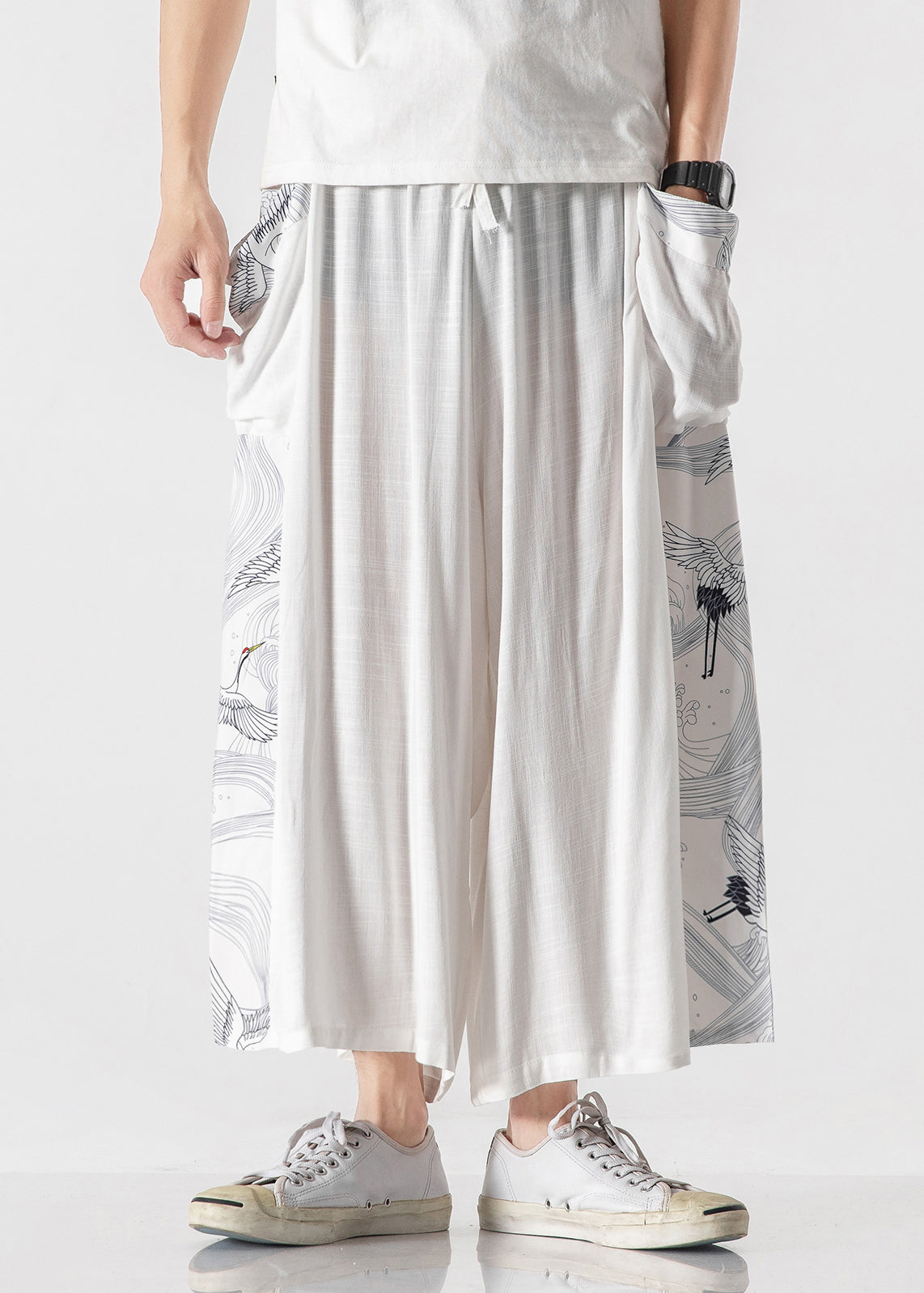 Chinese Style Blue Pockets Print Patchwork Cotton Pants Summer