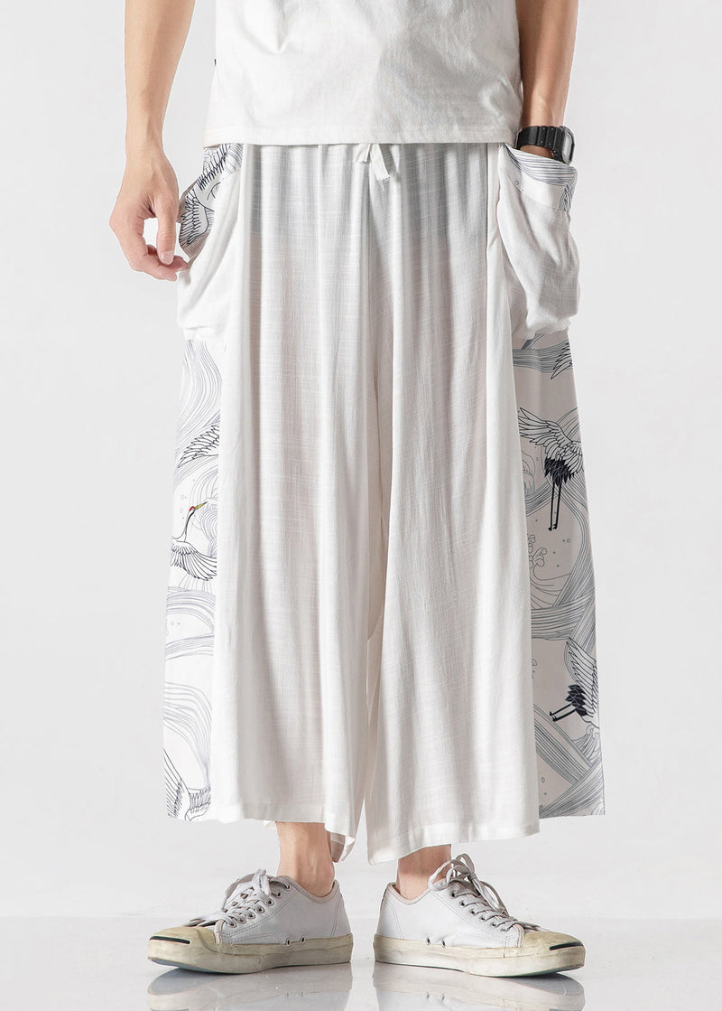 Chinese Style Blue Pockets Print Patchwork Cotton Pants Summer