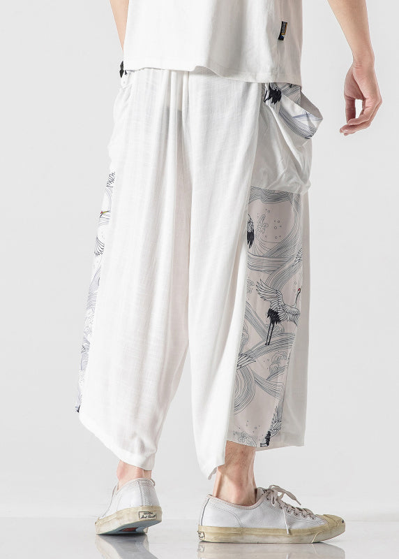 Chinese Style Blue Pockets Print Patchwork Cotton Pants Summer