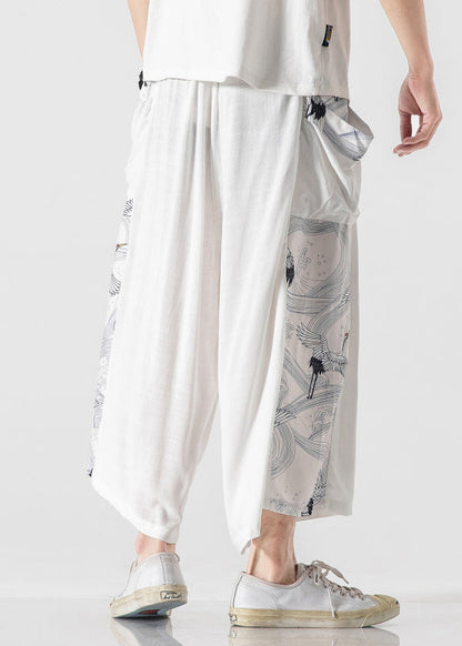 Chinese Style Blue Pockets Print Patchwork Cotton Pants Summer