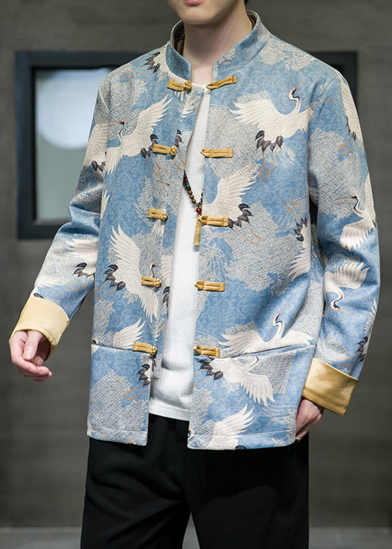 Chinese Style Blue Print Patchwork Pockets Jackets Spring