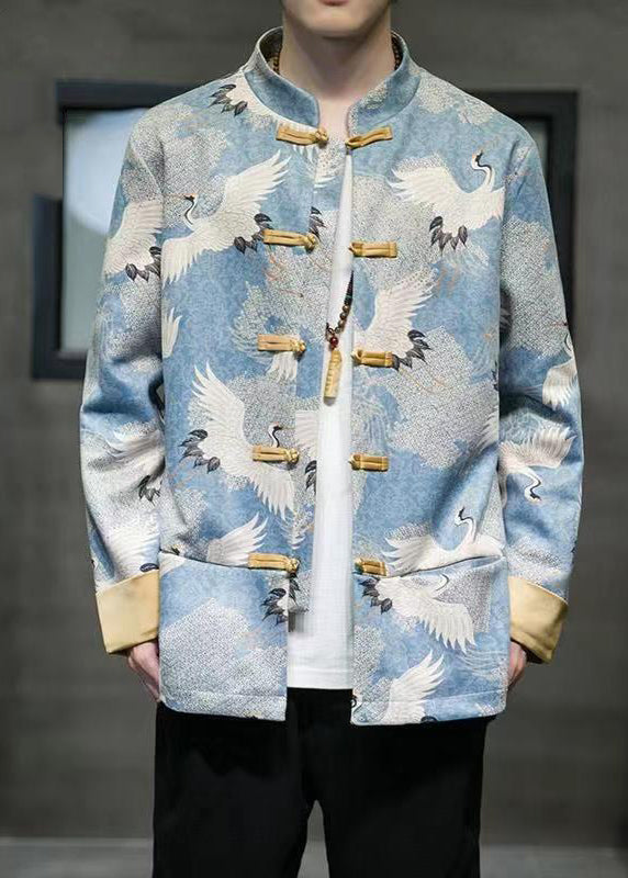 Chinese Style Blue Print Patchwork Pockets Jackets Spring