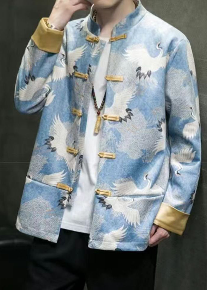 Chinese Style Blue Print Patchwork Pockets Jackets Spring