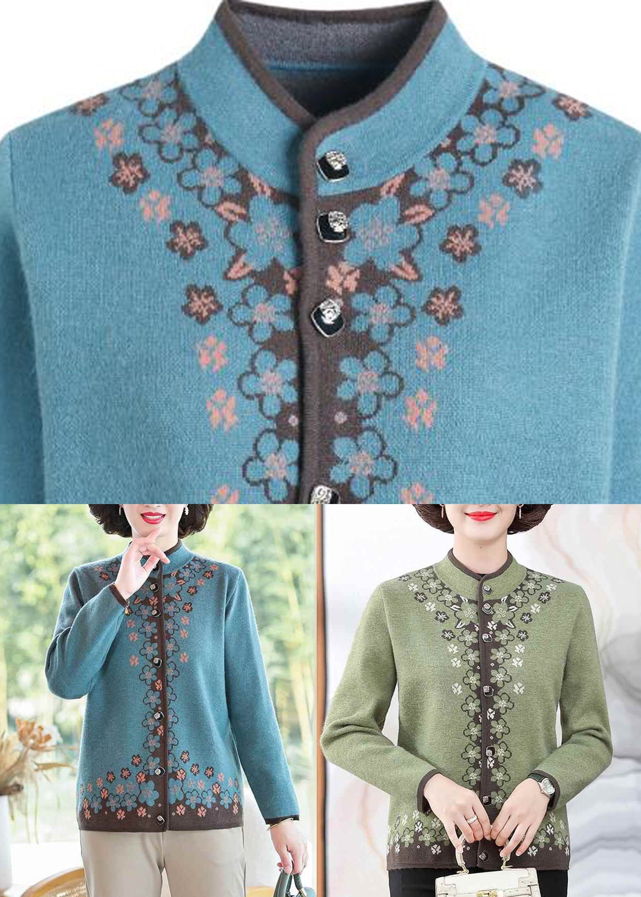 Chinese Style Blue Stand Collar Button Cotton Knit Cardigans Fall