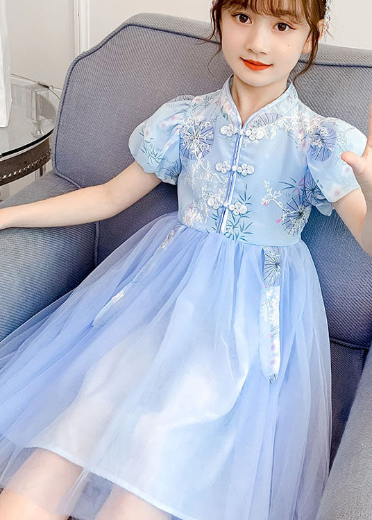 Chinese Style Blue Stand Collar Embroideried Patchwork Chiffon Kids Dress Summer