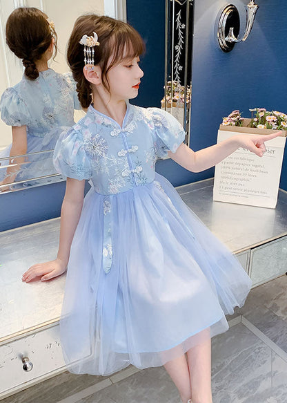 Chinese Style Blue Stand Collar Embroideried Patchwork Chiffon Kids Dress Summer