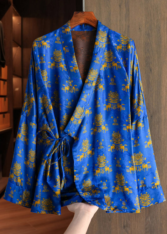 Chinese Style Blue V Neck Print Tie Waist Coats Spring
