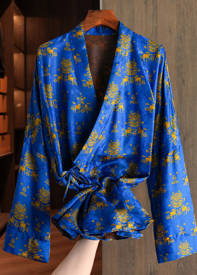 Chinese Style Blue V Neck Print Tie Waist Coats Spring
