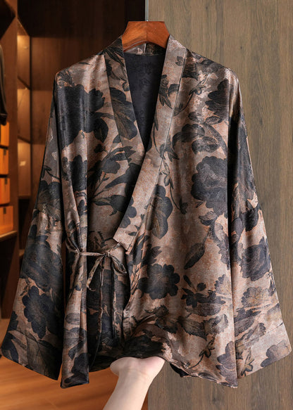 Chinese Style Blue V Neck Print Tie Waist Coats Spring