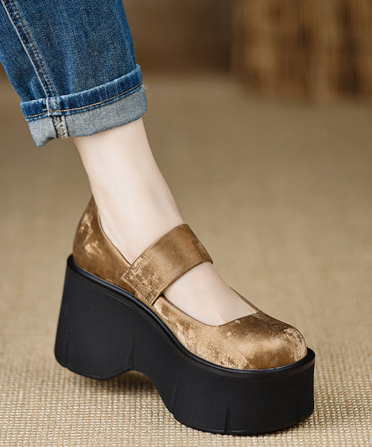 Chinese Style Brown Buckle Strap Satin High Wedge Heels