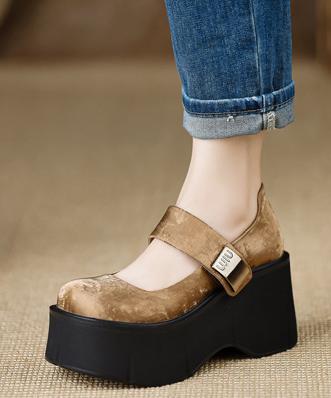 Chinese Style Brown Buckle Strap Satin High Wedge Heels