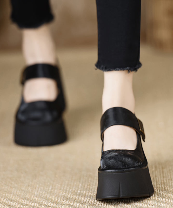 Chinese Style Brown Buckle Strap Satin High Wedge Heels