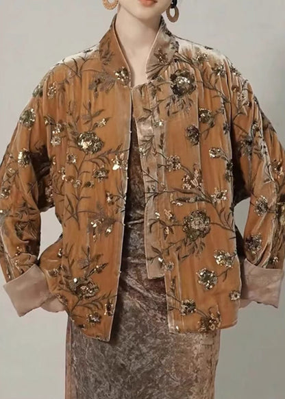 Chinese Style Brown Print Sequins Silk Velour Coat Spring