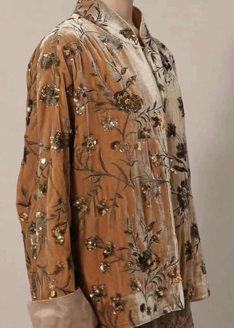 Chinese Style Brown Print Sequins Silk Velour Coat Spring