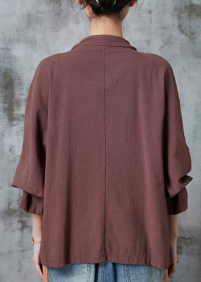 Chinese Style Brown Oversized Linen Shirt Top Spring