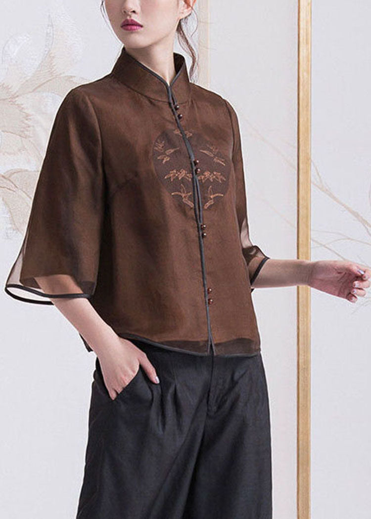Chinese Style Brown Button Stand Collar Silk Coats Half Sleeve