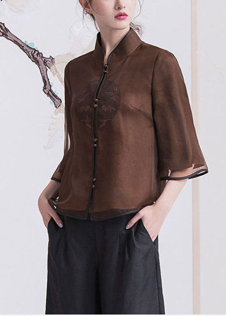 Chinese Style Brown Button Stand Collar Silk Coats Half Sleeve
