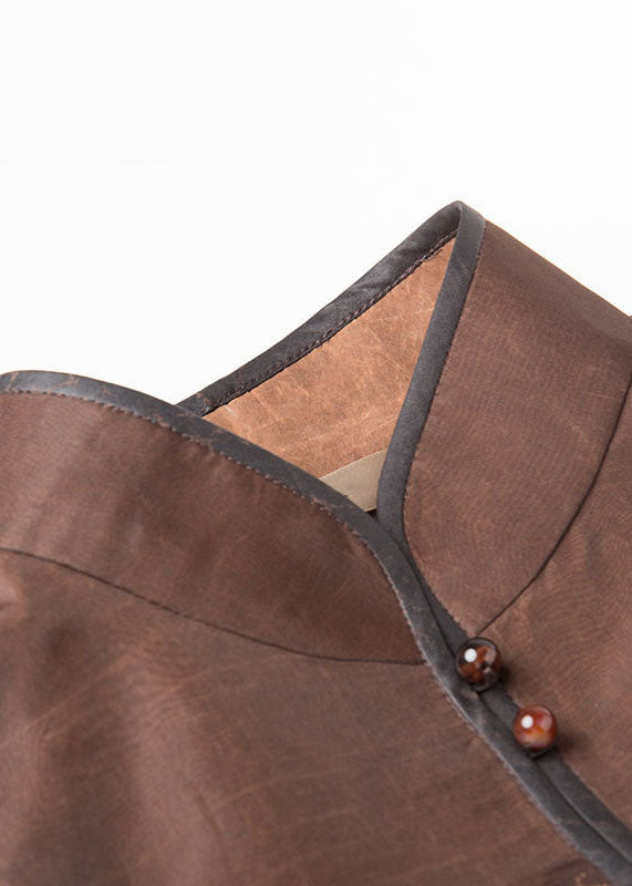 Chinese Style Brown Button Stand Collar Silk Coats Half Sleeve