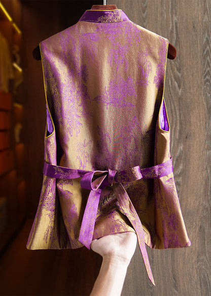 Chinese Style Purple Stand Collar Print Patchwork Tie Waist Warm Silk Cotton Waistcoat Fall