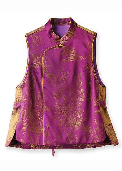 Chinese Style Purple Stand Collar Print Patchwork Tie Waist Warm Silk Cotton Waistcoat Fall