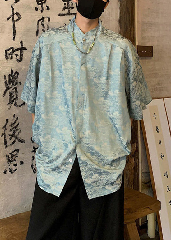Chinese Style Coffee Jacquard Ice Silk Shirts Summer