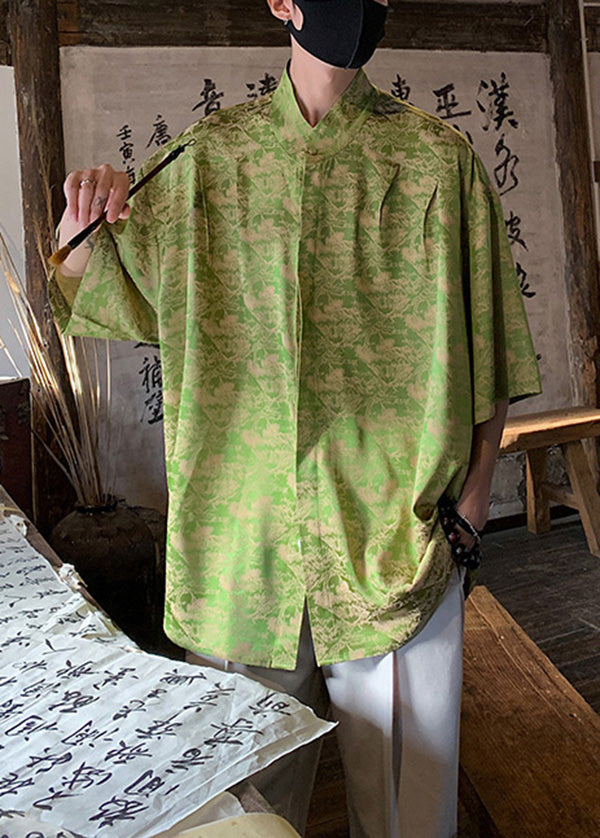 Chinese Style Coffee Jacquard Ice Silk Shirts Summer