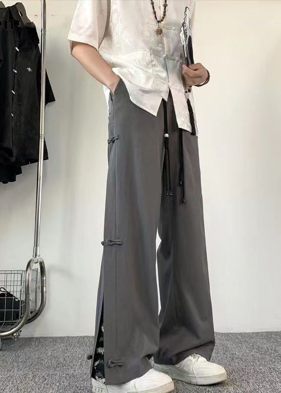 Chinese Style Dark Grey Fake Two Thin Ice Silk Pants Summer