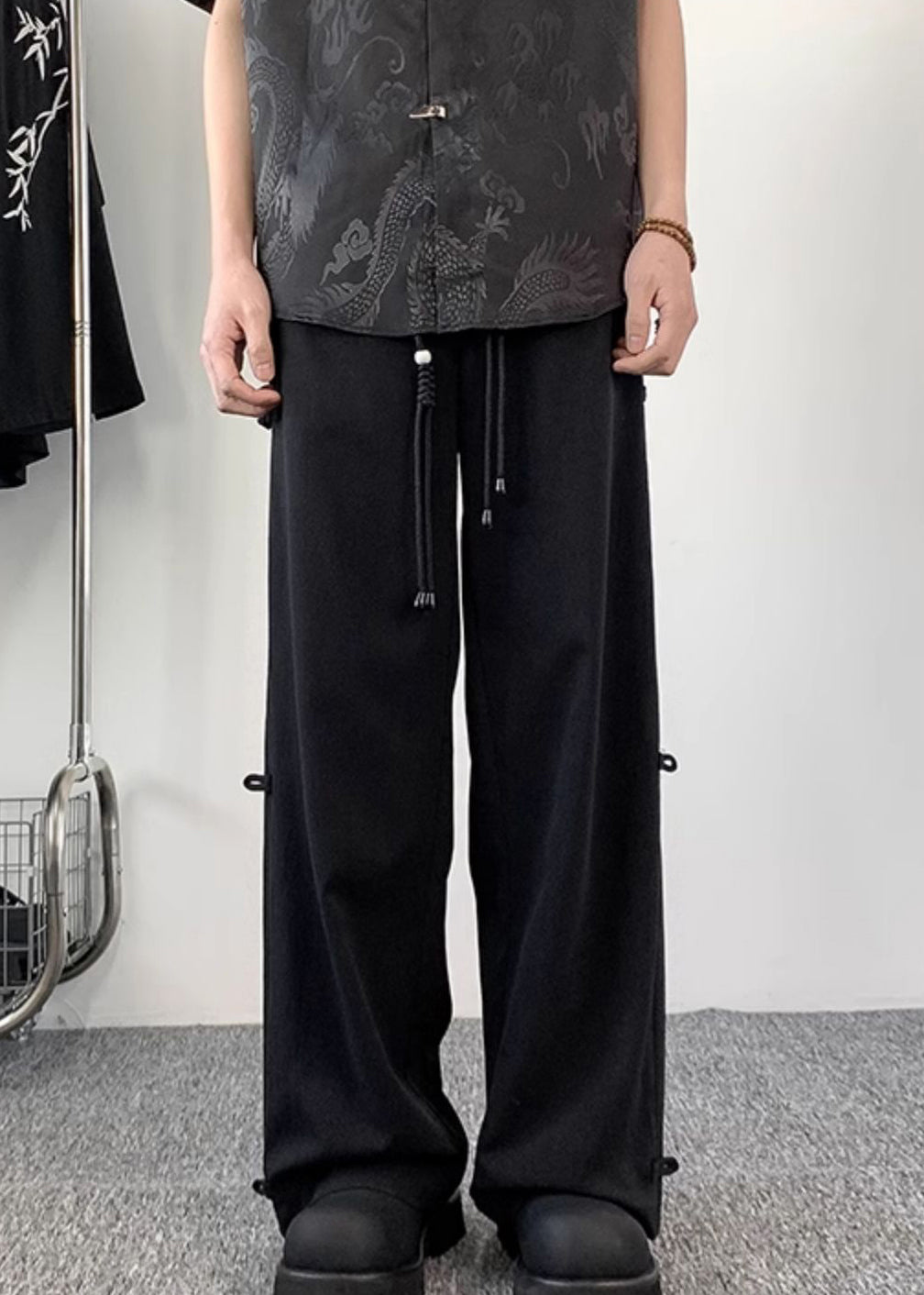 Chinese Style Dark Grey Fake Two Thin Ice Silk Pants Summer