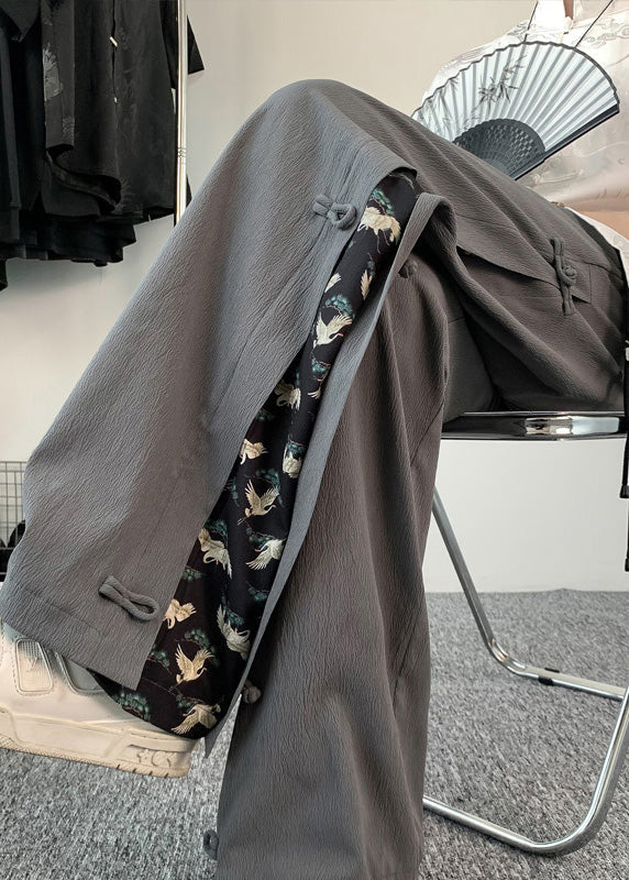 Chinese Style Dark Grey Fake Two Thin Ice Silk Pants Summer