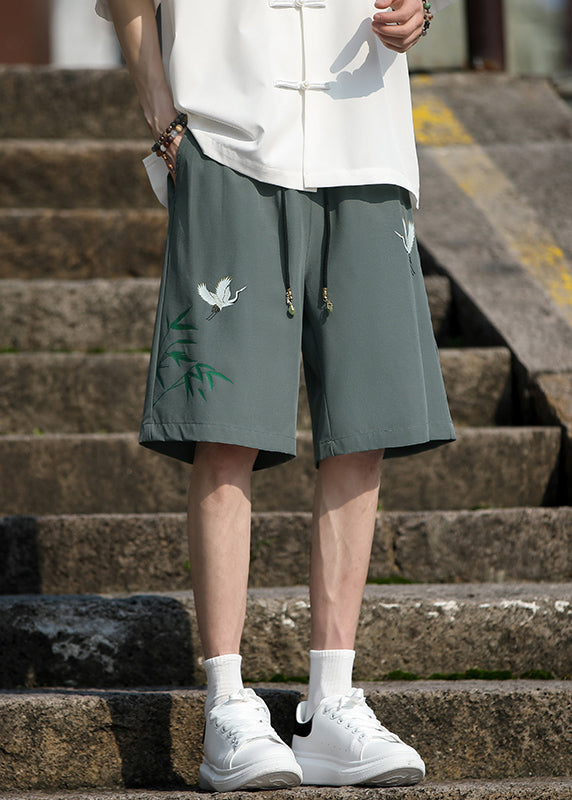 Chinese Style Dark Grey Printed Ice Silk Elastic Waist Shorts Summer
