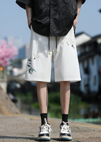 Chinese Style Dark Grey Printed Ice Silk Elastic Waist Shorts Summer