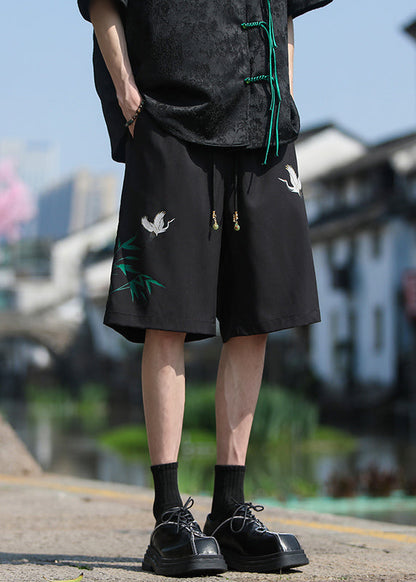 Chinese Style Dark Grey Printed Ice Silk Elastic Waist Shorts Summer