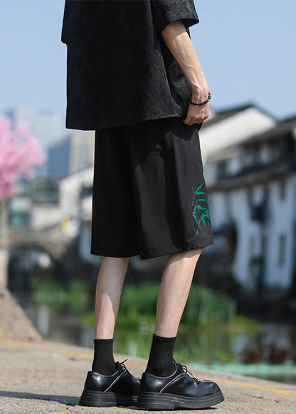 Chinese Style Dark Grey Printed Ice Silk Elastic Waist Shorts Summer