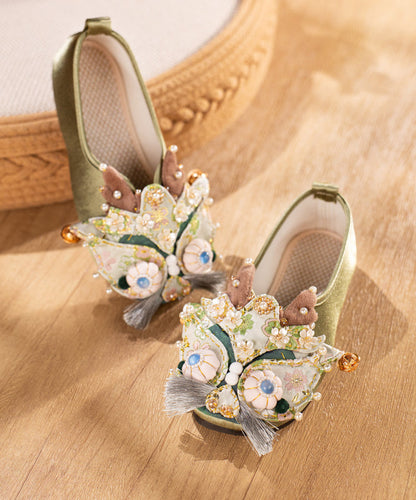 Chinese Style Green Embroidered Flat Tiger Head Shoes