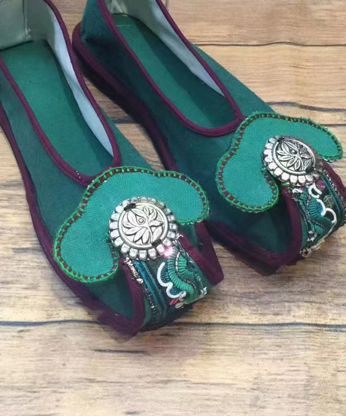 Chinese Style Green Embroideried Flat Shoes for