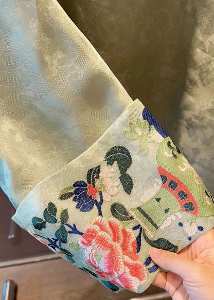 Chinese Style Green Embroidered Patchwork Silk Shirts Fall