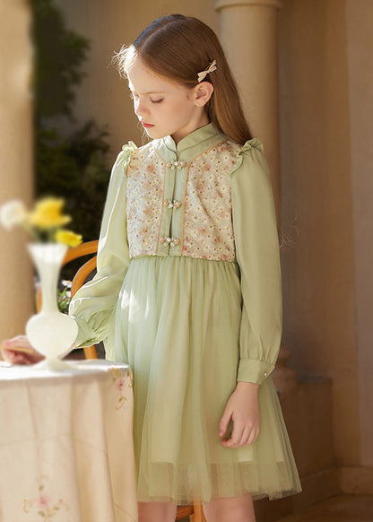 Chinese Style Green Embroideried Ruffled Tulle Patchwork Mid Dress Fall