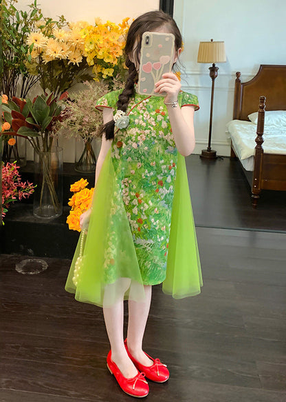 Chinese Style Green Mandarin Collar Patchwork Tulle Chiffon Kids Mid Dress Summer