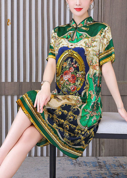 Chinese Style Green Print Mandarin Collar Silk a Line Dress Summer