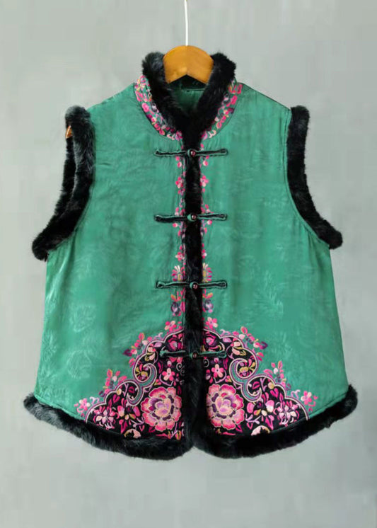 Chinese Style Green Rabbit Hair Collar Embroideried Thick Cotton Waistcoat Sleeveless