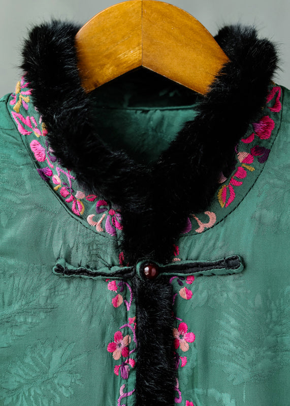 Chinese Style Green Rabbit Hair Collar Embroideried Thick Cotton Waistcoat Sleeveless